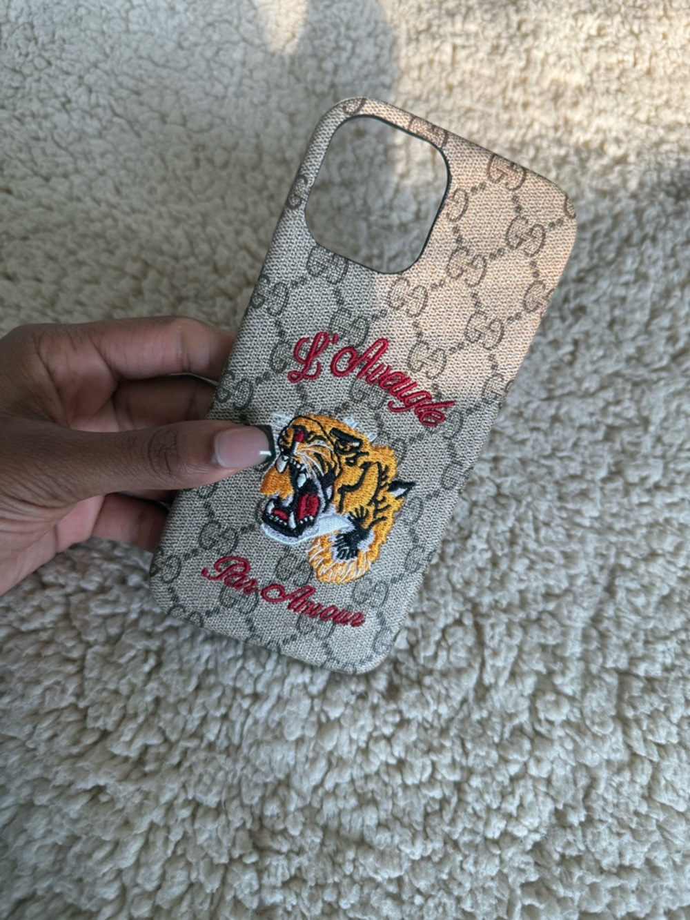 Gucci Beige Tiger Embroidered Phone Case - Beige 14 Pro Max